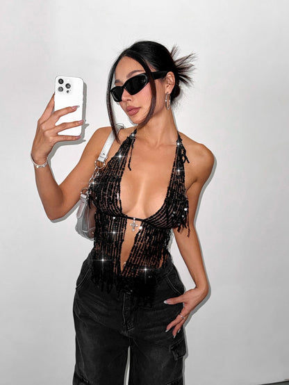 Halter Spaghetti Straps | Black Sequin Fringe Top | noémi