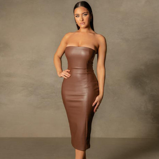 Faux Leather Midi Dress | Slim Fit Tube Top with Back Slit | noémi