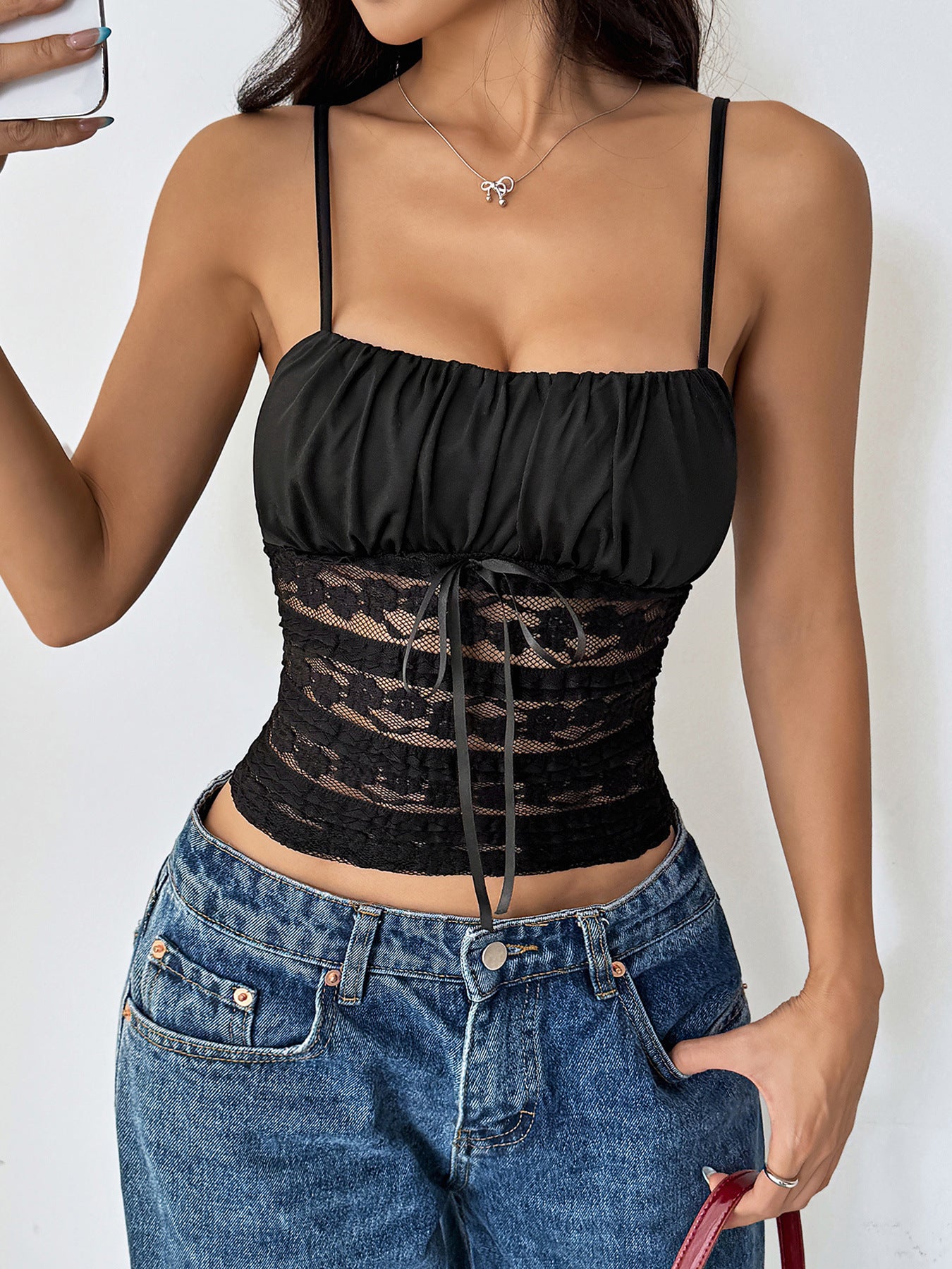 Black Ruched Lace Corset Crop Top | Adjustable Spaghetti Straps, Sheer Waist Camisole | noémi