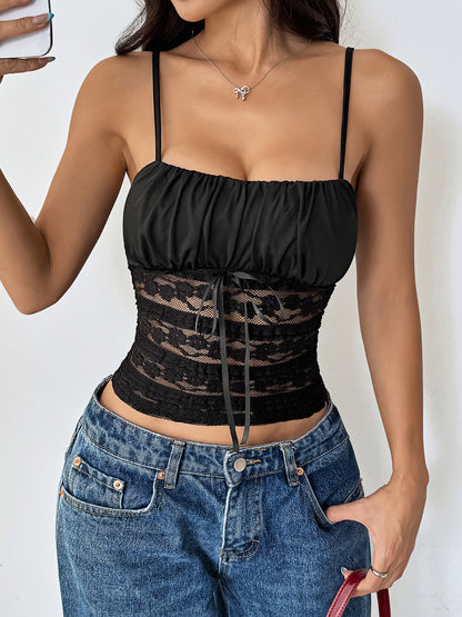 Black Ruched Lace Corset Crop Top | Adjustable Spaghetti Straps, Sheer Waist Camisole | noémi