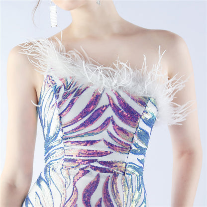 One Shoulder Feather Sequin Embellished Dress with Diagonal Collar | noémi