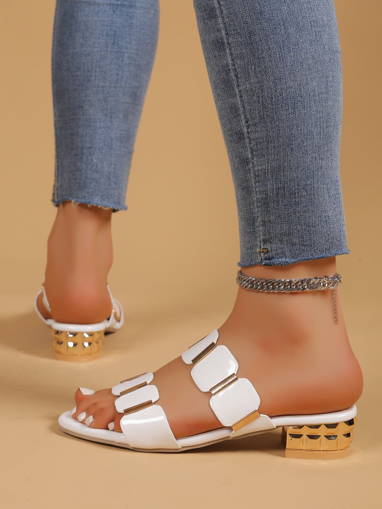 Mid Heel Buckle Sandals | Chunky Heel Slippers | noémi