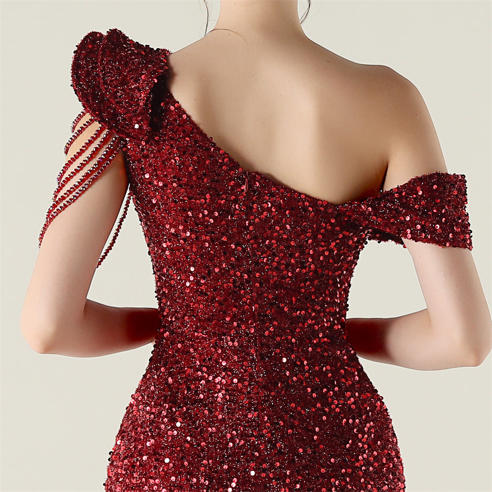 One Shoulder Ruffled Sequin Gown | noémi