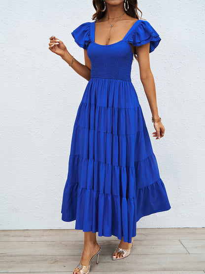 Womens Boho Print Midi Dress with Ruffle Sleeves & Pleated Skirt | Square Neckline | noémi