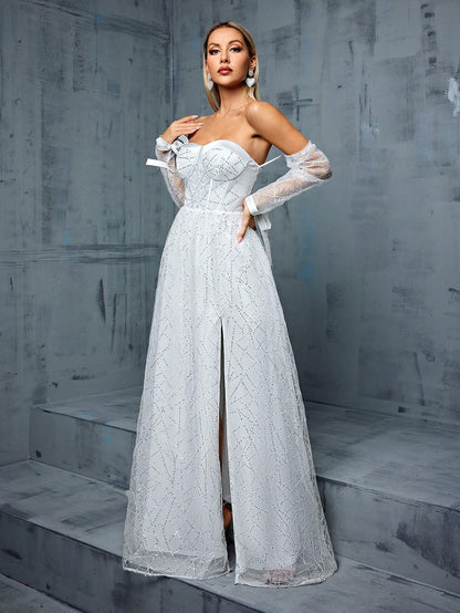 Off Shoulder White Wedding Dress | Backless Slit Gown with Sheer Sleeves | noémi