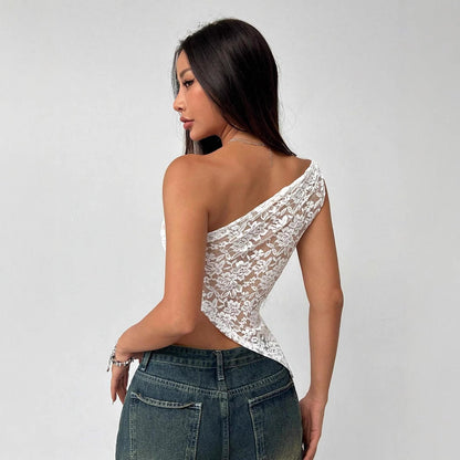 One Shoulder Top | White Sheer Sleeveless | Lace Crop Top | noémi