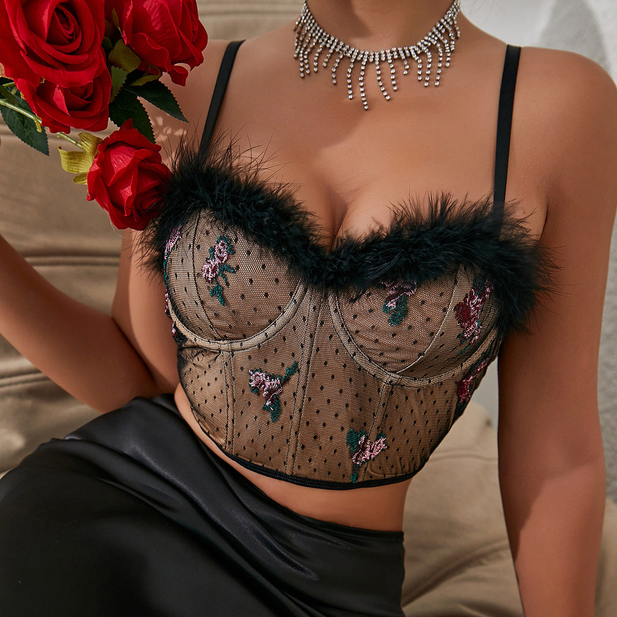 Womens Sheer Mesh Feather Bustier Top | Black Lace Up Crop Top with Embroidery & Faux Fur Trim | noémi