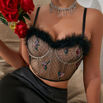 Womens Sheer Mesh Feather Bustier Top | Black Lace Up Crop Top with Embroidery & Faux Fur Trim | noémi