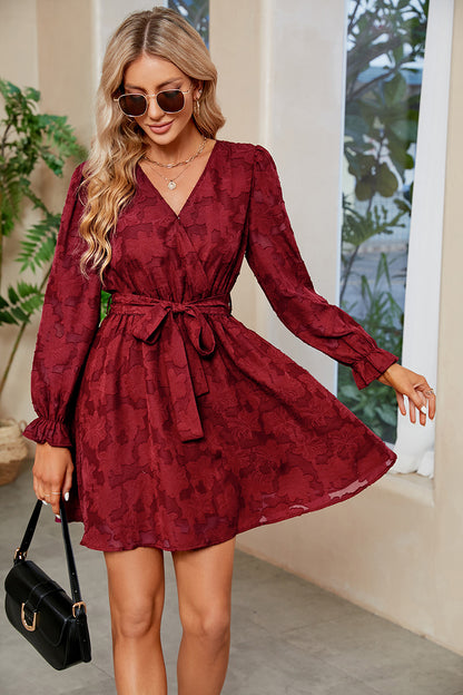 Lace Cocktail Dress | V Neck Long Sleeve Flare with Belt | noémi
