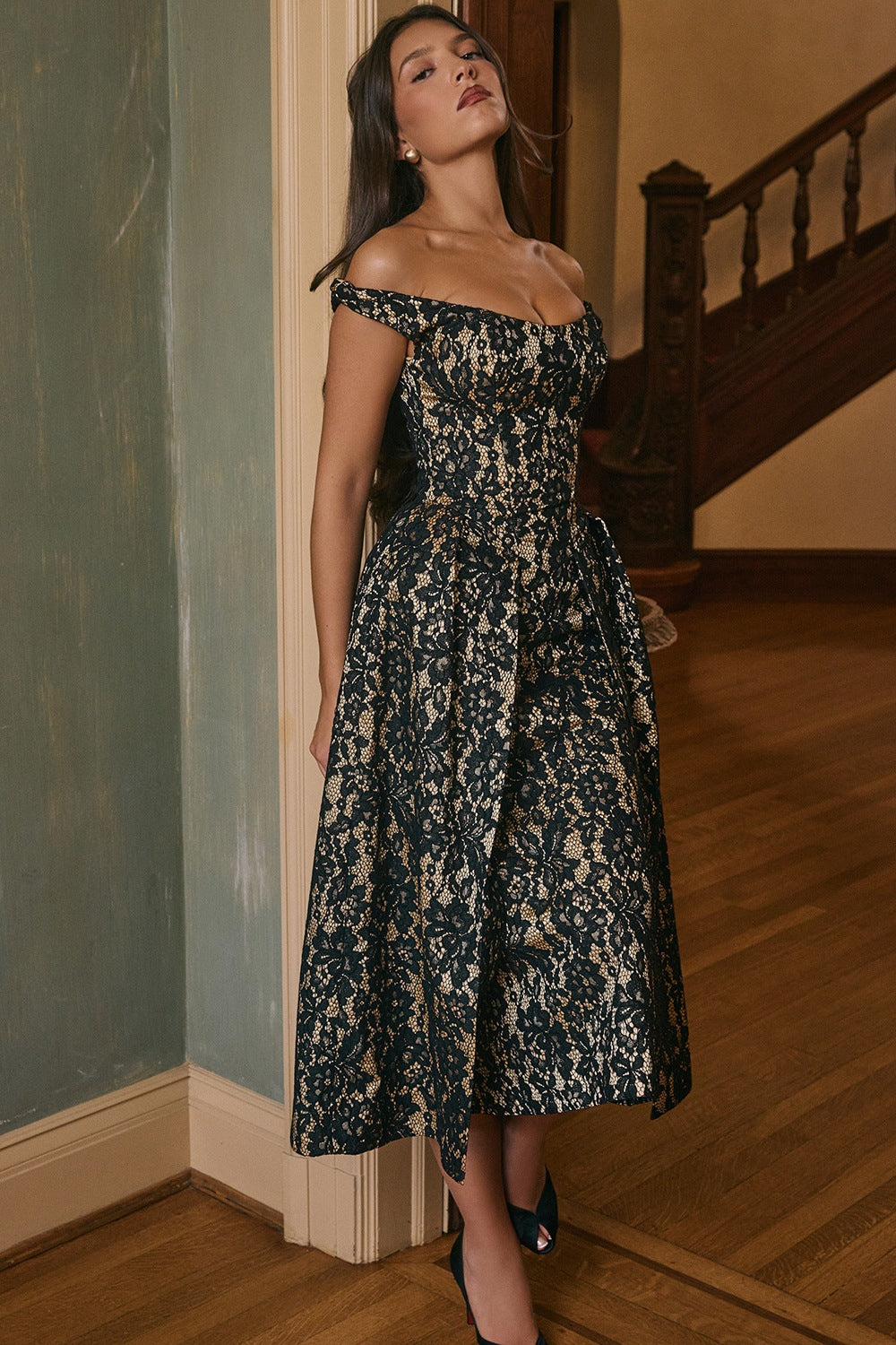 Off Shoulder Backless Printed Dress | Slim Fit Waist Trimming Dress | noémi