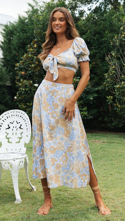Vintage Floral Womens Crop Top & Maxi Skirt Set | Short Puff Sleeves & Slit Hemline | noémi