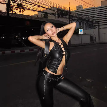 Womens Faux Leather Lace Up Sleeveless Vest Top in Solid Color | noémi