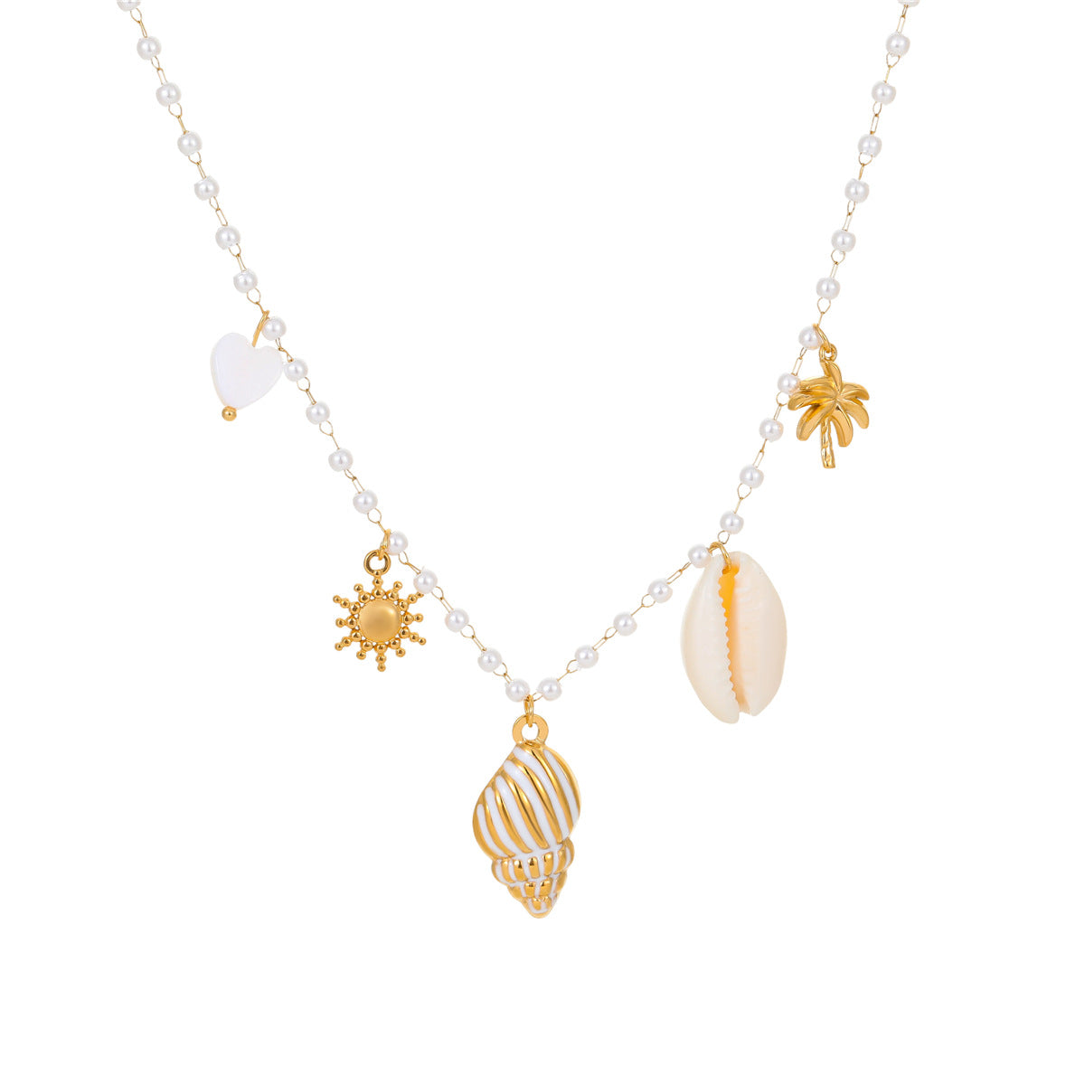 Marine Charm Pearl Necklace | Gold Stainless Steel Conch & Shell Pendant Choker | noémi