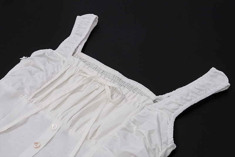 White Corset Midi Sundress | Ruffle Trim Sleeveless Dress with Smocked Back | noémi