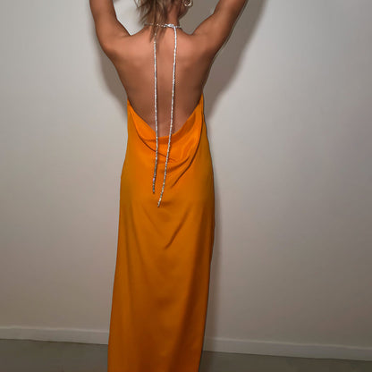 Womens Satin Halter Maxi Dress with Backless Design and Side Split | noémi