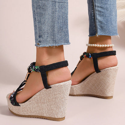 Women's Beaded T Strap Espadrille Wedge Sandals | Platform Peep Toe Summer Shoes | noémi
