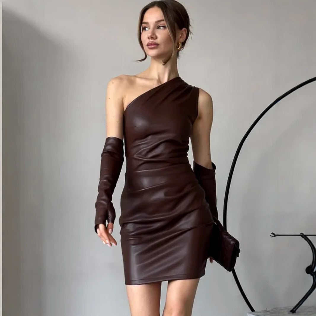 Faux Leather | Diagonal Collar | Sleeveless | Oversleeve | Waist Defined | Sheath Dress | noémi