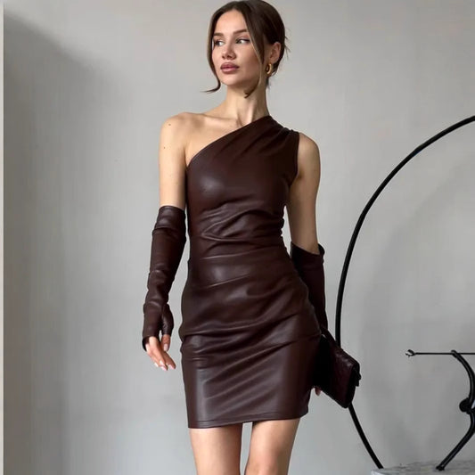 Faux Leather | Diagonal Collar | Sleeveless | Oversleeve | Waist Defined | Sheath Dress | noémi