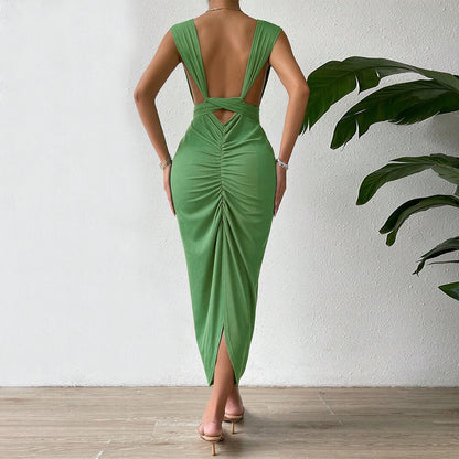 Backless Ruched Halter Maxi Dress | Sage Green | noémi