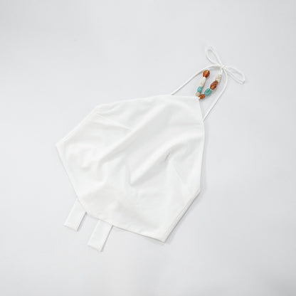White Halter Tie Back Top with Gemstone Beaded Neck | noémi