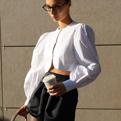 Cotton Cropped Cardigan | Puff Sleeve, Round Neck, Button Front Top for Women | noémi