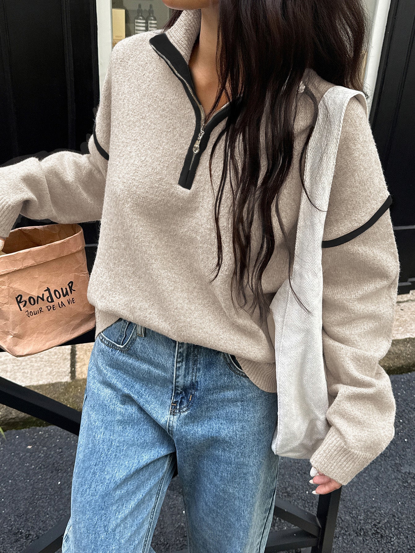 Zipper Sweater for Women | Casual Solid Color Long Sleeve Knit Pullover | noémi
