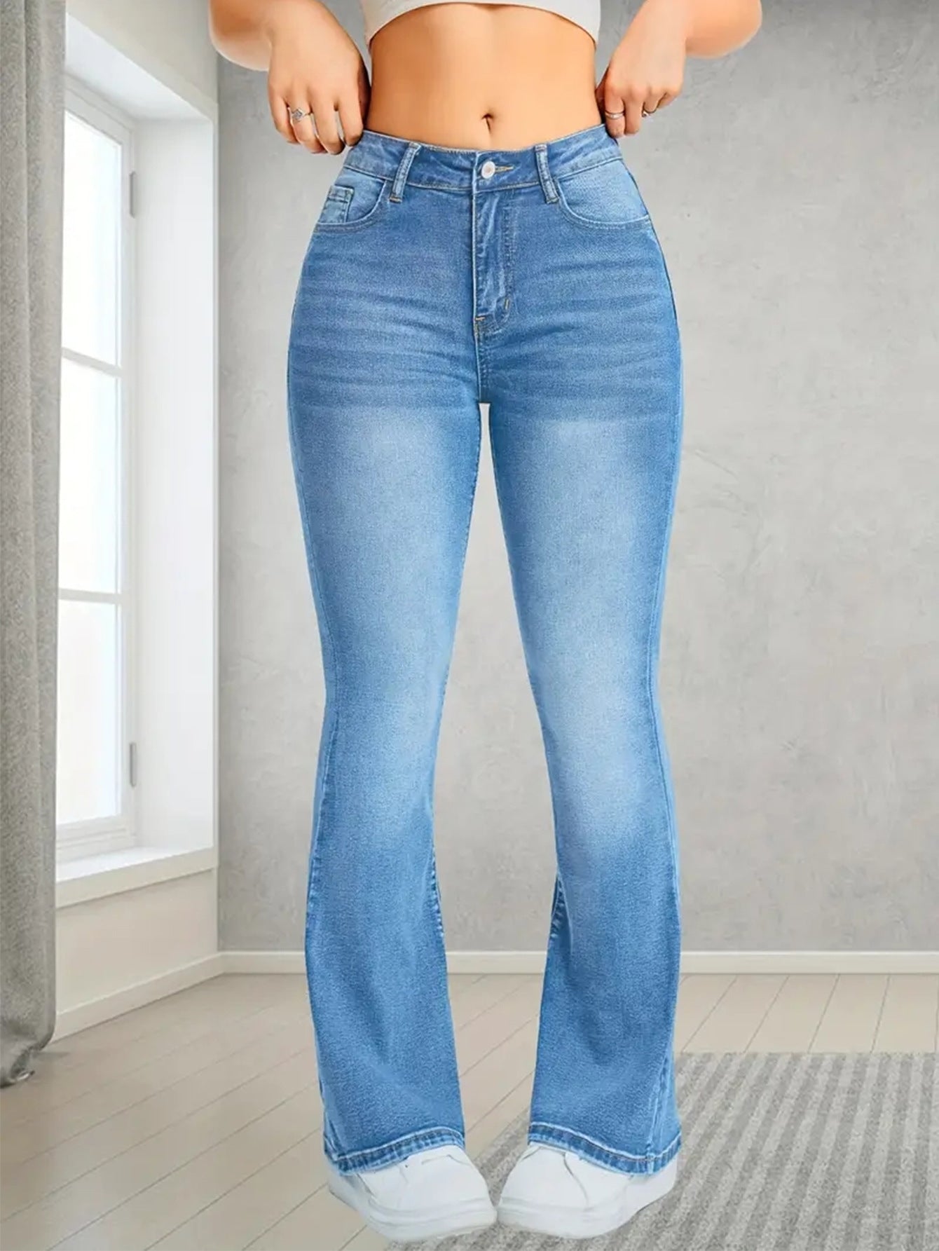Women's Light Blue Stretch Flared Jeans | Slim Fit, Multi Pocket Design | noémi