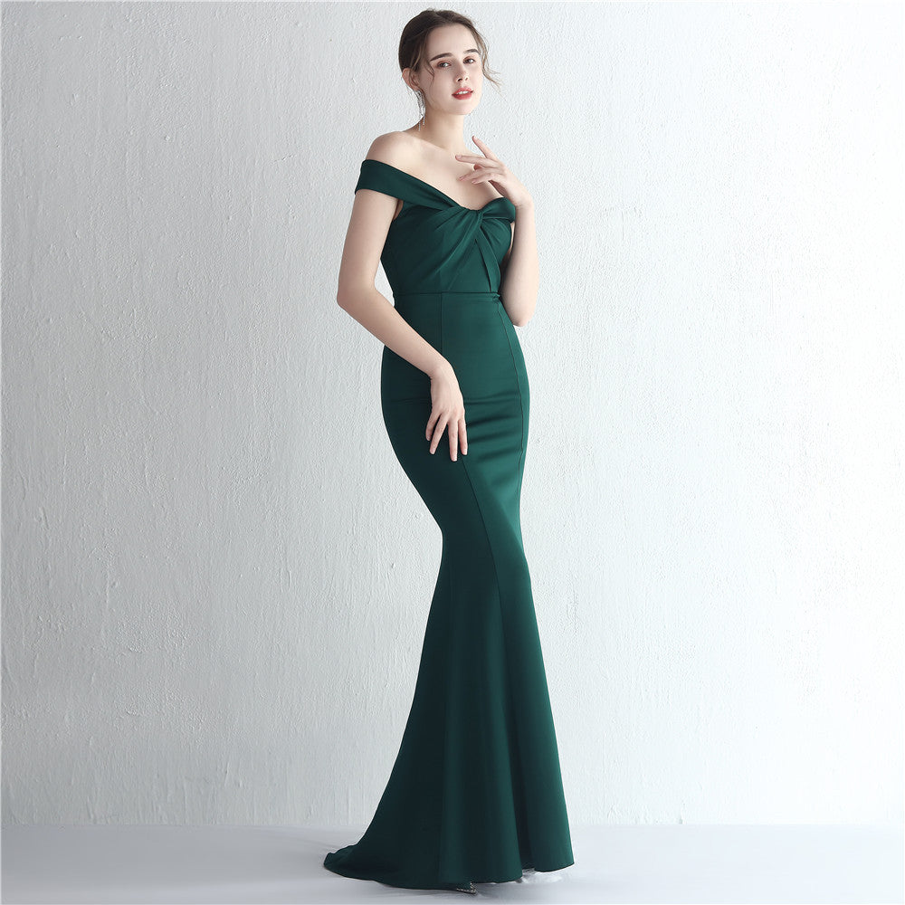 Satin Slim Off Shoulder Fishtail Gown | noémi