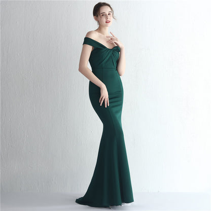 Satin Slim Off Shoulder Fishtail Gown | noémi
