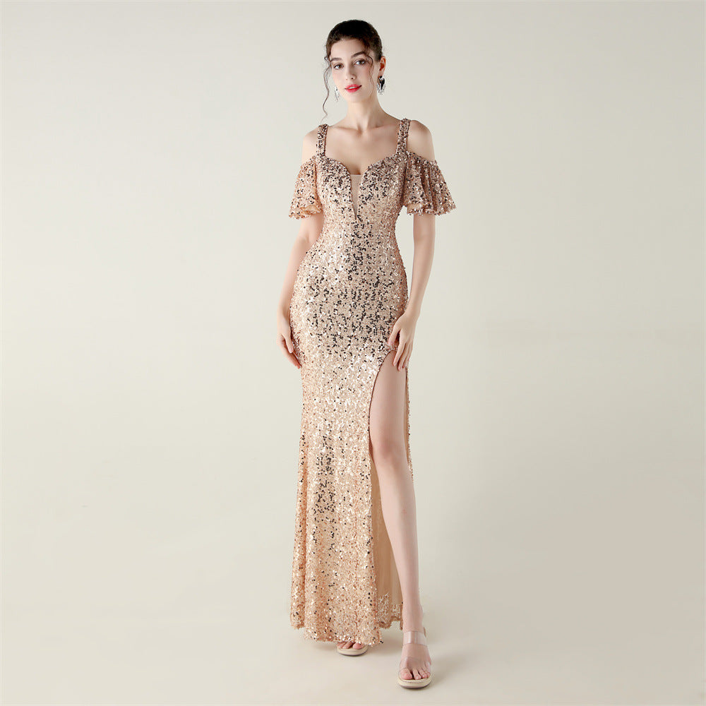 Sequin Dress | Floor Length Cold Shoulder Dress with Side Slit | Deep VPlunge High Slit Fishtail Dress Cocktail | noémi