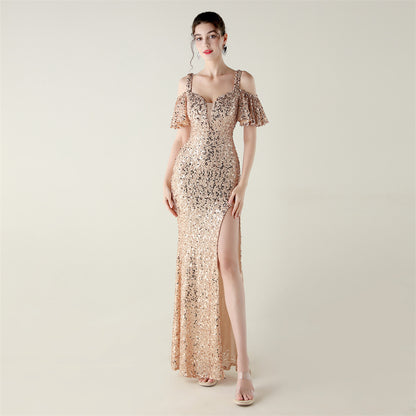 Sequin Dress | Floor Length Cold Shoulder Dress with Side Slit | Deep VPlunge High Slit Fishtail Dress Cocktail | noémi