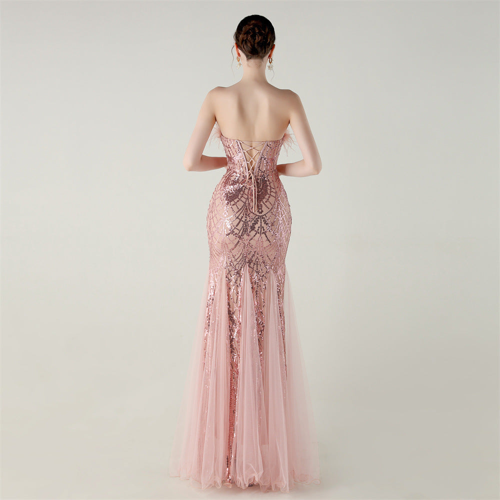 Sequin Beaded Floral Feather Gown | Mesh Fishtail Strapless Cross Back | noémi
