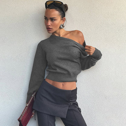 Womens Cropped Top | Slim Fit, Diagonal Collar Long Sleeve | noémi