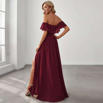 Off Shoulder Burgundy Chiffon Maxi Dress with High Slit | Cocktail Dress for Women | noémi
