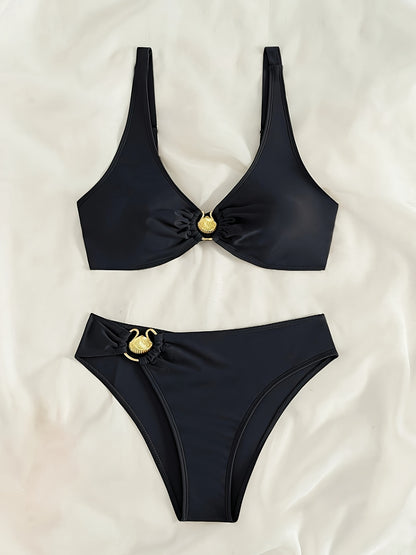 Solid Color Two Piece Bikini Set with Strap Detail for Women | noémi