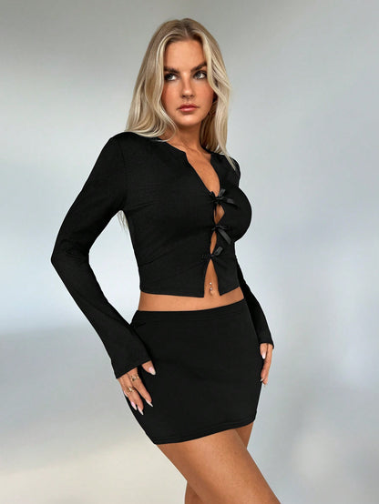 Tie Front Cut Out Knit Top | Long Sleeve Cropped Cardigan in Jet Black | noémi