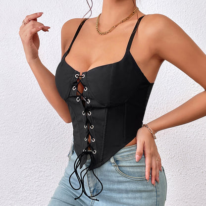 Slim Lace Up Corset Top with Boning & Button Detail | noémi