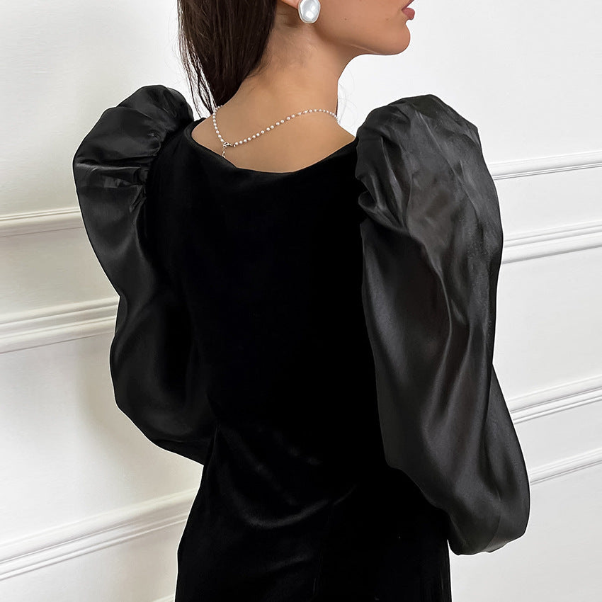 Black Square Neck Puff Sleeve Velvet Knit Dress | noémi