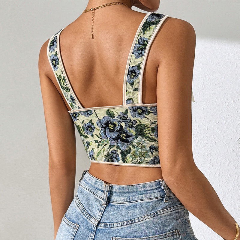 Printed Lace Up Corset Top | Floral Wide Strap Vest | noémi