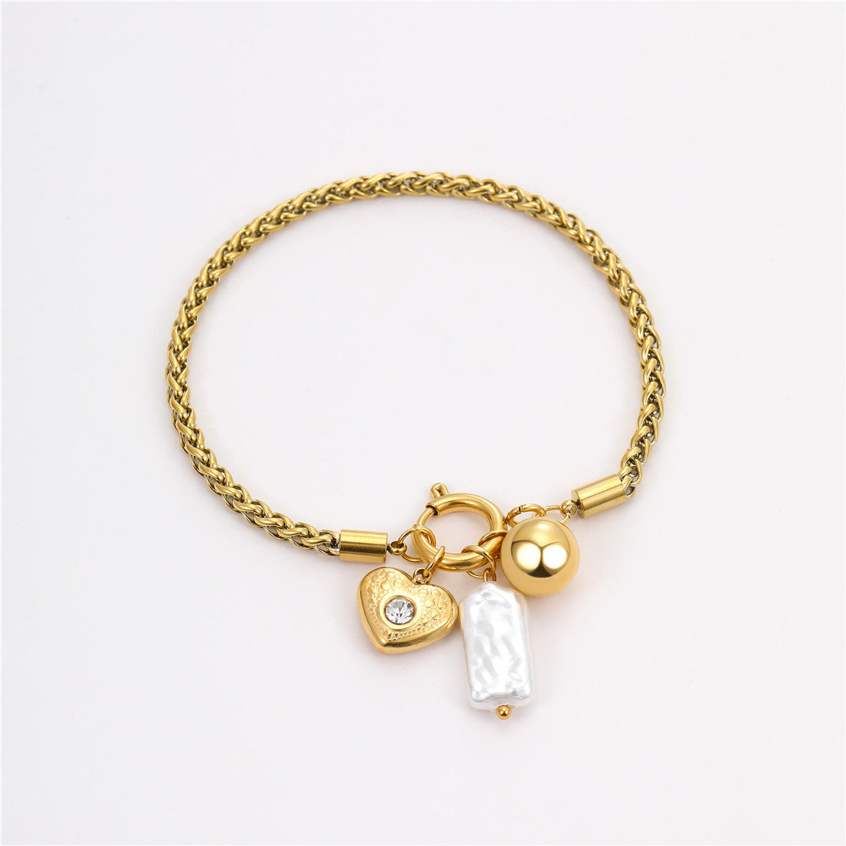 Gold Plated Stainless Steel Necklace & Bracelet Set | Pearl & Heart Charms, Diamond Accents | noémi