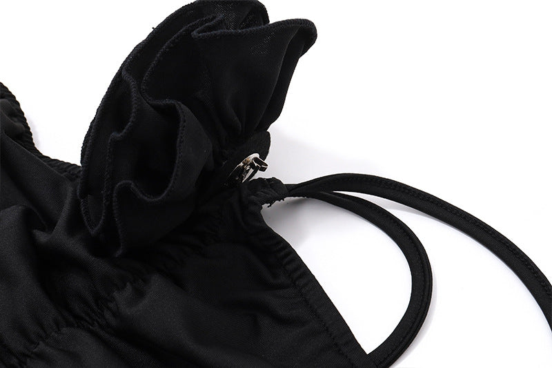 Ruched Black Maxi Dress | One Shoulder Floral Detail, Bodycon Fit | noémi