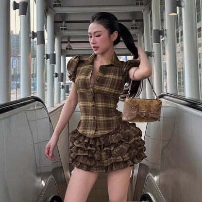 Plaid Puff Sleeve Blouse & Ruffle Mini Skirt Set | Brown Checkered Two Piece Outfit | noémi