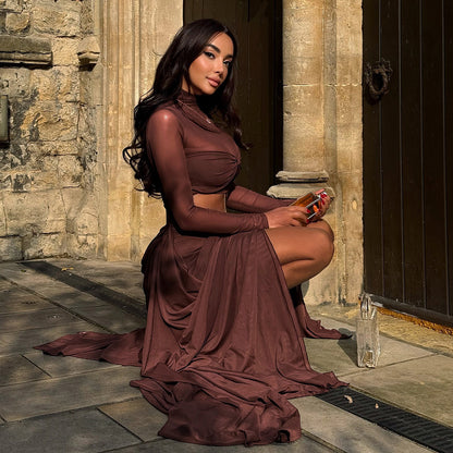 Womens High Collar Long Sleeve Maxi Dress with Side Cutout and Front Slit | noémi