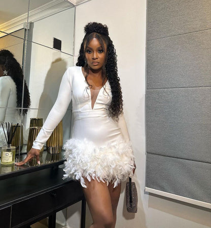 Deep V Feather Trim Sheath Dress | noémi