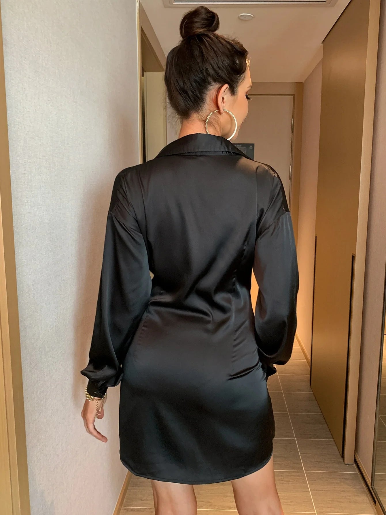 Womens Long Sleeve Button Up Tie Waist Dress | Black, Lightweight | noémi