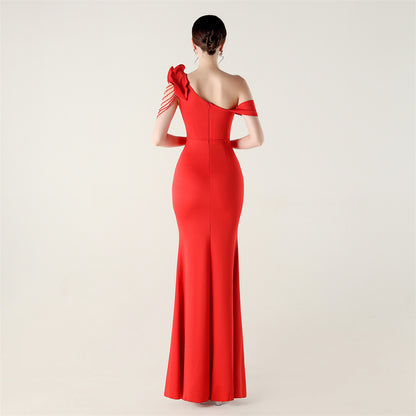 Ruffled One Shoulder Satin Gown with Beaded Chains | Slim Fit Fishtail Dress | noémi