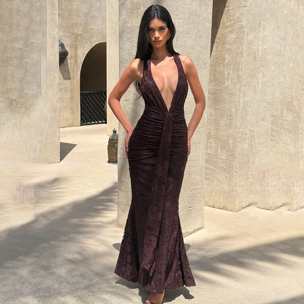 Womens Lace Pleated Maxi Dress with Deep V Neck and Backless Sheath Design | noémi