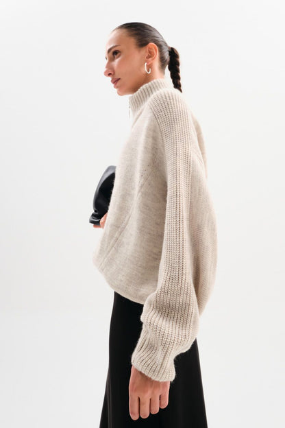 Womens Oversized Knit Sweater | Half Zip, High Neck, Soft Beige Pullover | noémi
