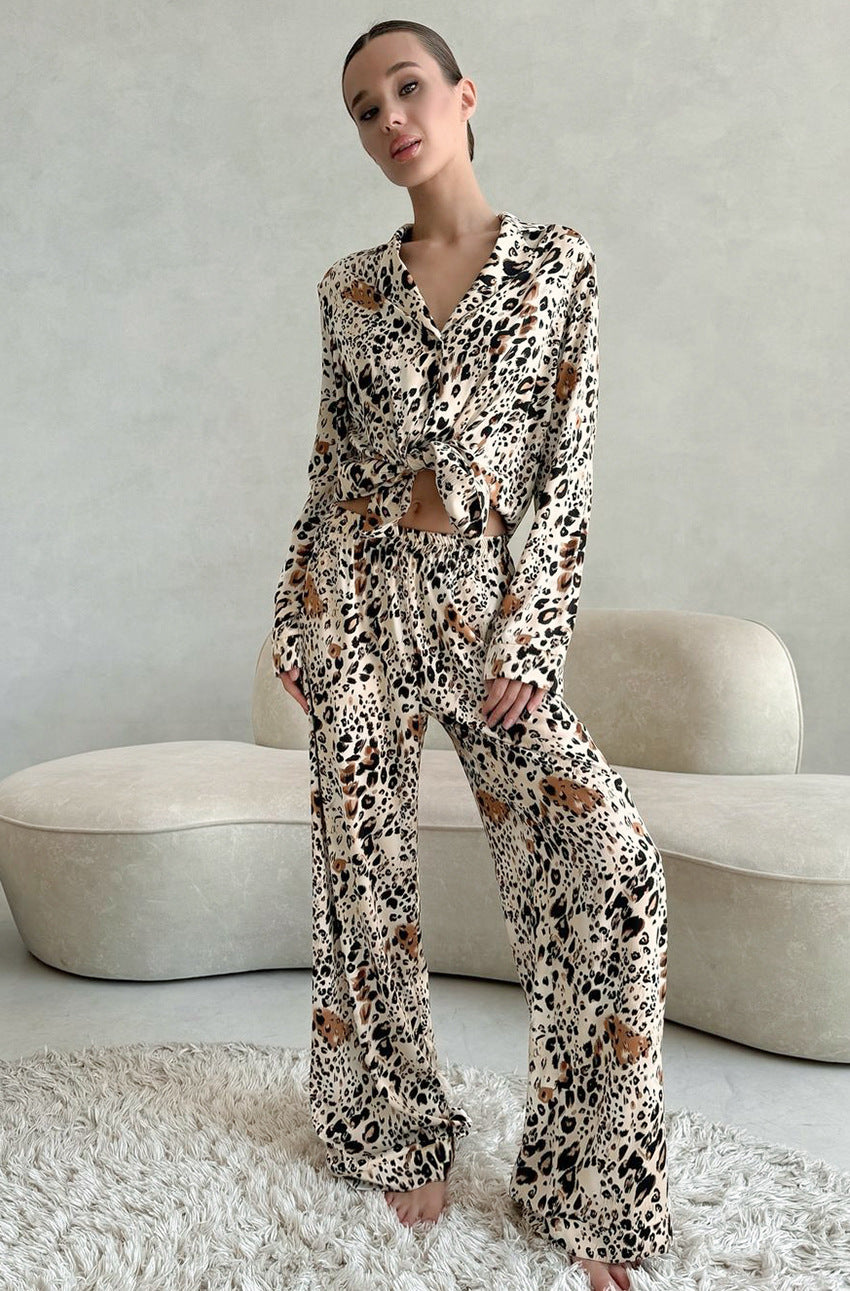 Leopard Print Pajama Set for Women | Long Sleeve Cardigan Top Trousers | noémi