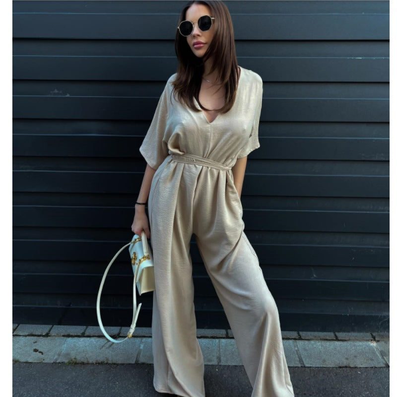 Women's Solid Color One Piece Jumpsuit | Deep V Neck, Tied Waist & Wide Leg Pants | noémi